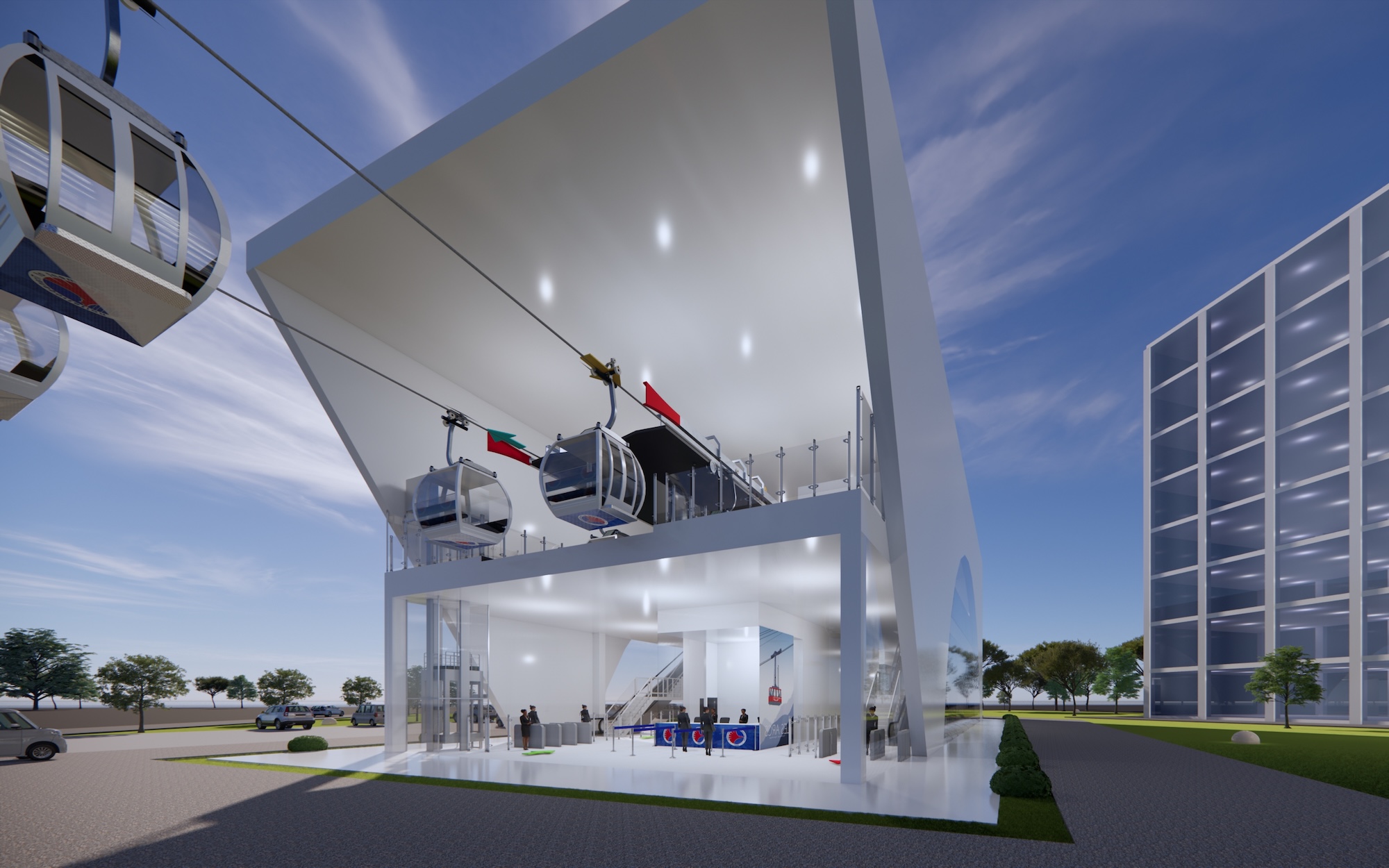 Rendering of a barrier-free cable car intermediate station connecting hillside communities to the Manila MRT 4 corridor