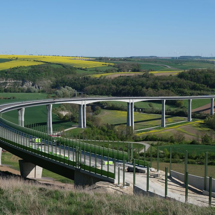 Nearly completed Saale Valley bridge near Bad Kösen in the green, hilly landscape of the Saale Valley