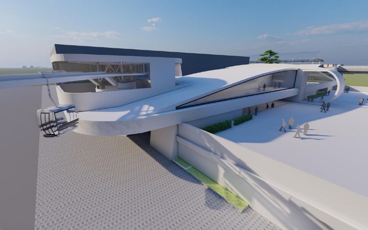 Close-up rendering of a detachable monocable cable car system at a station serving the Manila MRT 4 feeder line